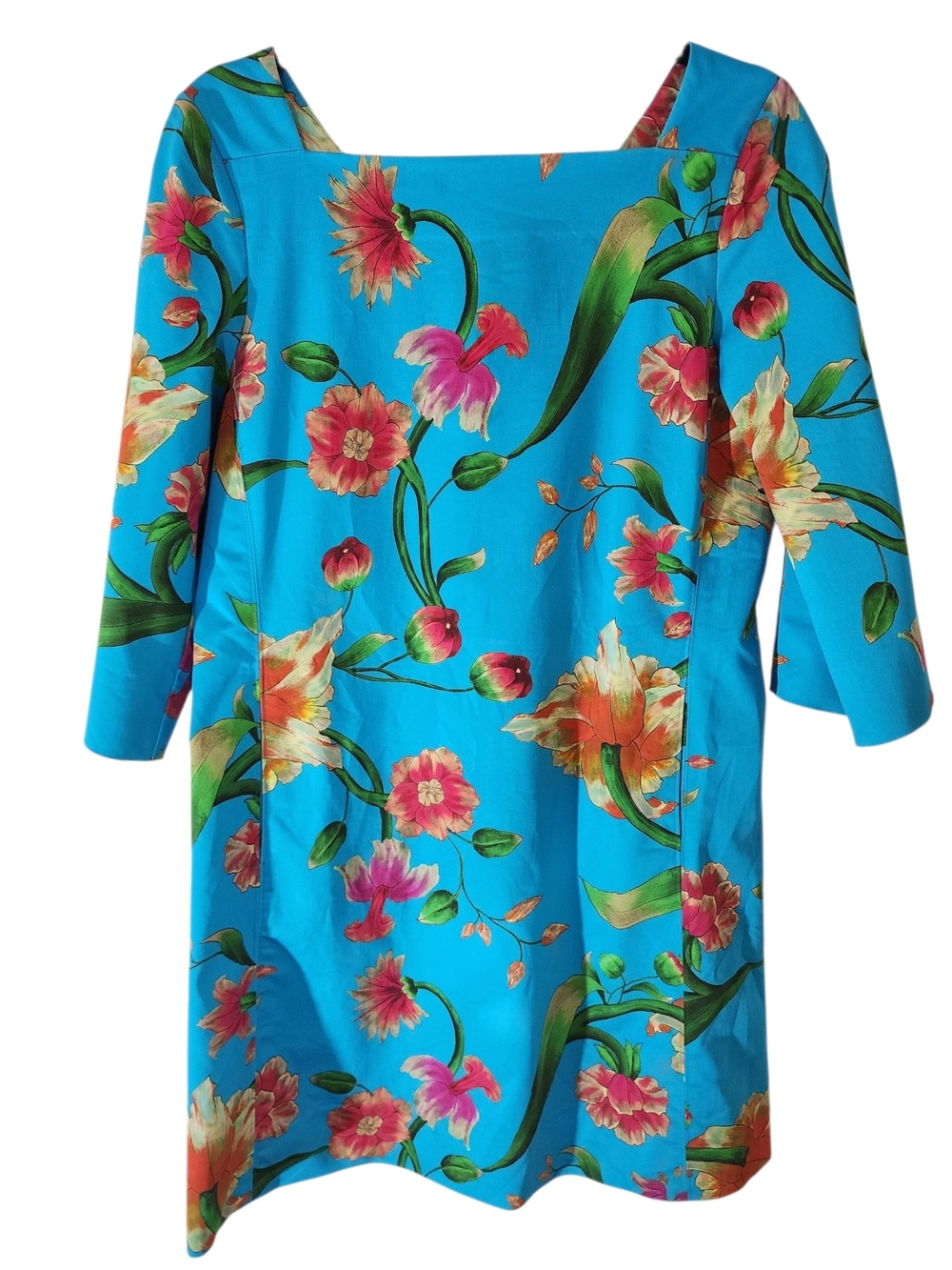 Natori Floral Shift Dress Blue Pink 3/4 Sleeve Side Pockets Size 6